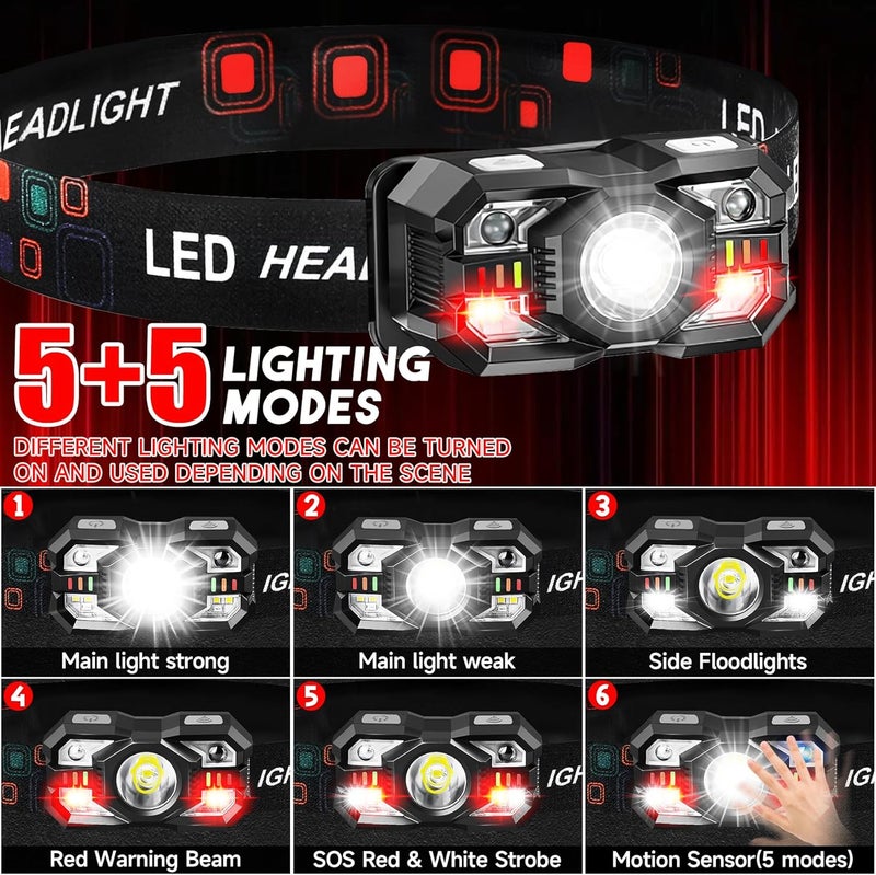Northlet Headlamp Rechargeable 2Pack, 3000 Lumen Ultra-Light Bright Headlamp Flashlight with White Red Light, LED Headlight Motion Sensor, 5+5 Mode for Outdoor Camping Fishing Running Hiking - Image 2